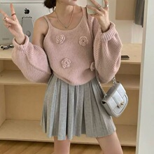 韩系温柔风减龄立体勾花朵背心针织开衫两件套春秋新款毛衣外套女