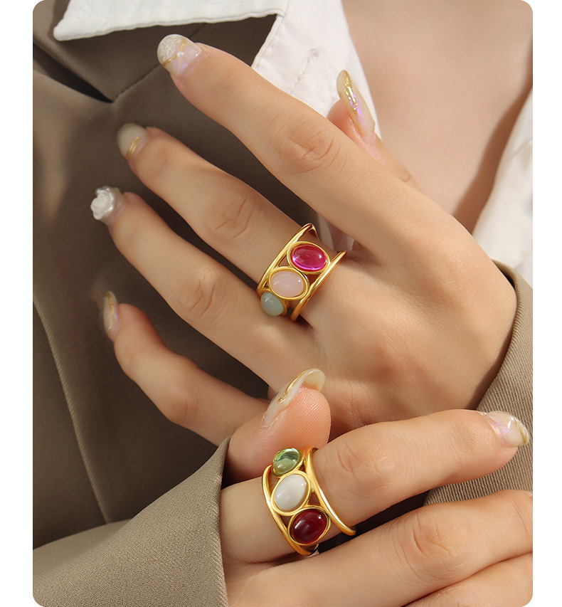 Retro Oval Titanium Steel Inlay Glass Bead Open Ring