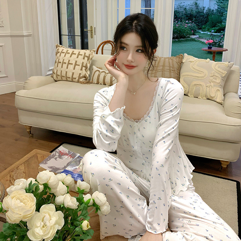 法式新款睡衣女带胸垫莫代尔长袖公主甜美圆领蕾丝碎花仙女套装|undefined