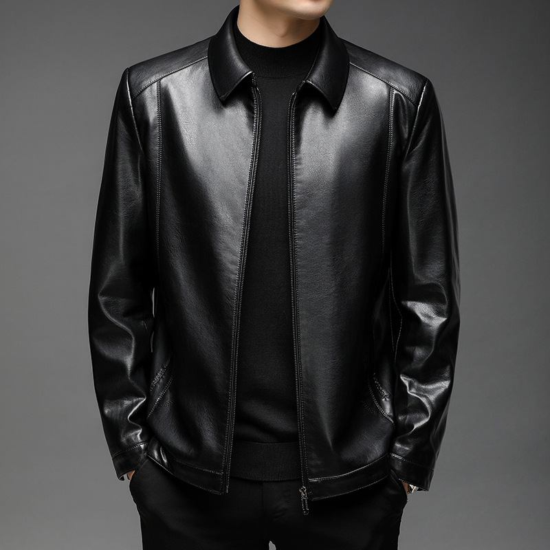 Cross-Border New Lapel Haining Leather Jacket Autumn and Winter Pu Leather Jacket Men's Business Pure Color Casual Leather Jacket Mixed Batch