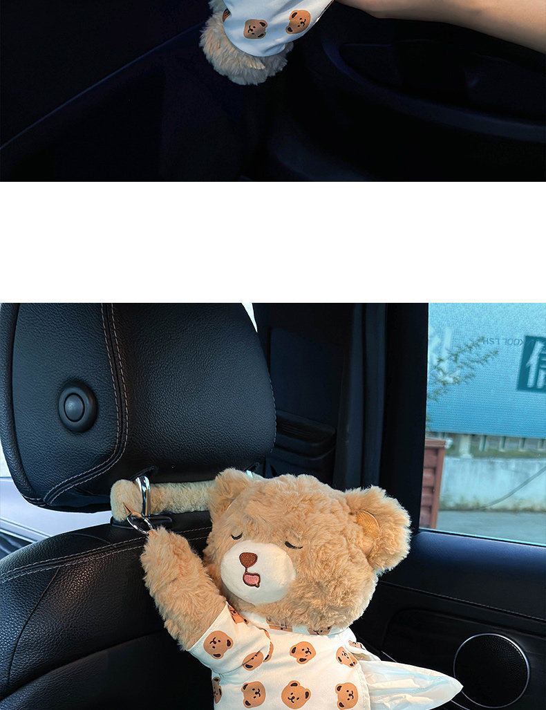 Car-mounted tissue box, cute bear design, high aesthetic value, practical in-car tissue holder, creative car tissue hanging bag for women