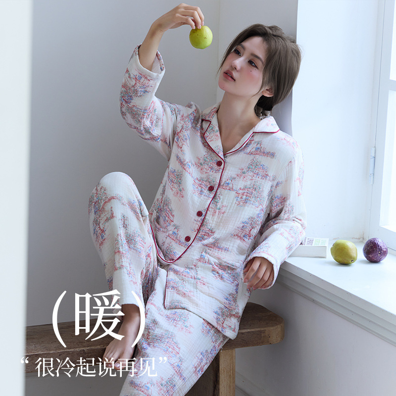 면 전체 두께 가방 테두리 4 층 거즈 여성 잠옷 순면 가을 겨울 보온 긴팔 가