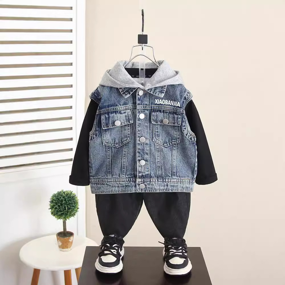 6262 Chaleco de mezclilla para niños, ropa exterior de primavera y otoño 2025 nuevo bebé, chaleco con capucha coreana de otoño para niños