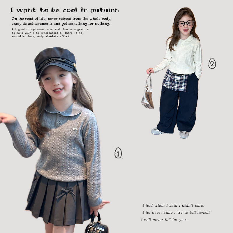 Aimobeibei Children's Warm Small Lapel Knitted Top, Girls' Stylish Versatile Cable Knit Sweater