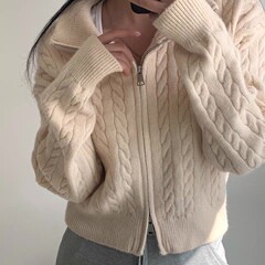 双拉链立领毛衣外套女2025秋冬新款慵懒风宽松软糯麻花针织开衫