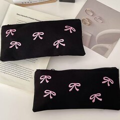 韓国インガーリーブラックシンプル刺繍リボン鉛筆バッグニッチ高価値文具バッグ収納袋