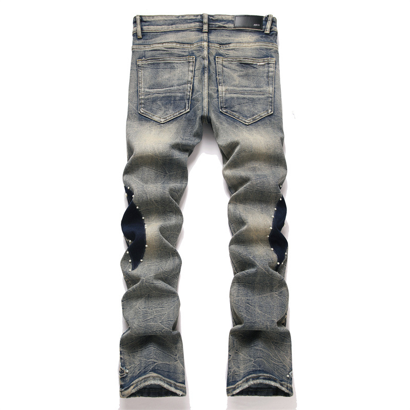 Comercio exterior estilo punk artesanía pesada elástica azul bordado cuentas de clavos de cintura de cuerno jeans de hombre 3971