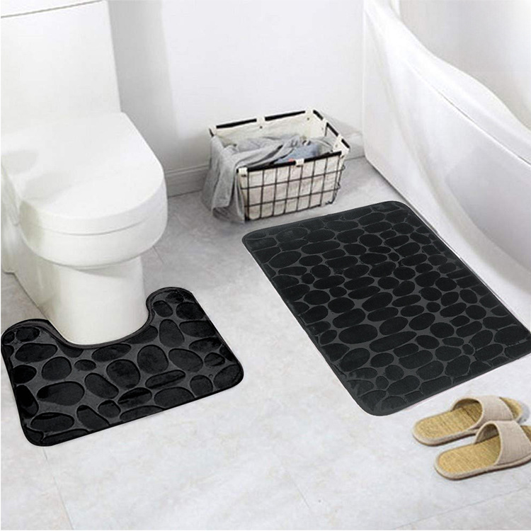 Amazon Best Selling Flannel Embossed Pebble Stone Pattern Black Two-Piece Toilet Mat Set Absorbent Anti-Slip Mat