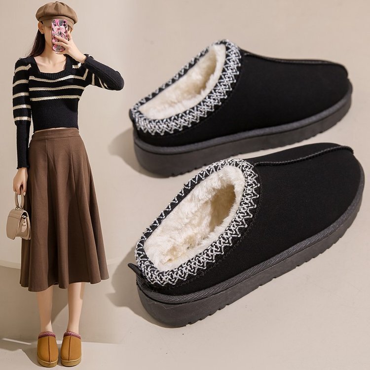 2026 Winter Classic Style Fleece-Lined Warm Flat Backless Closed-Toe Furry Half-Slip Cotton Shoes Export Snow Boots for Women