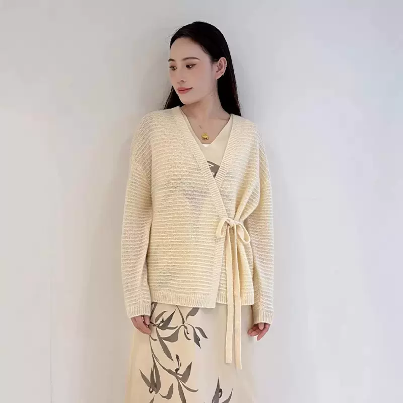 女装2026春新款羊毛羊绒混纺毛衣开衫宽松版围裹式针织上衣外套