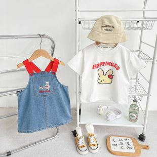 Korean Style Summer New Ins Cute Rabbit Print T-Shirt Dopamine Denim Suspender Skirt for Baby Girls Spring and Summer New Comfort