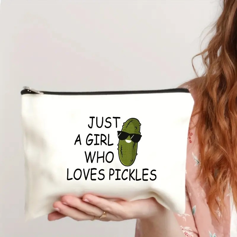 Bolsa de Maquillaje de Lino con Estampado de Pepino de Temu, Bolsa de Almacenamiento de Cosméticos con Cremallera para Mujer, Impresión a Doble Cara