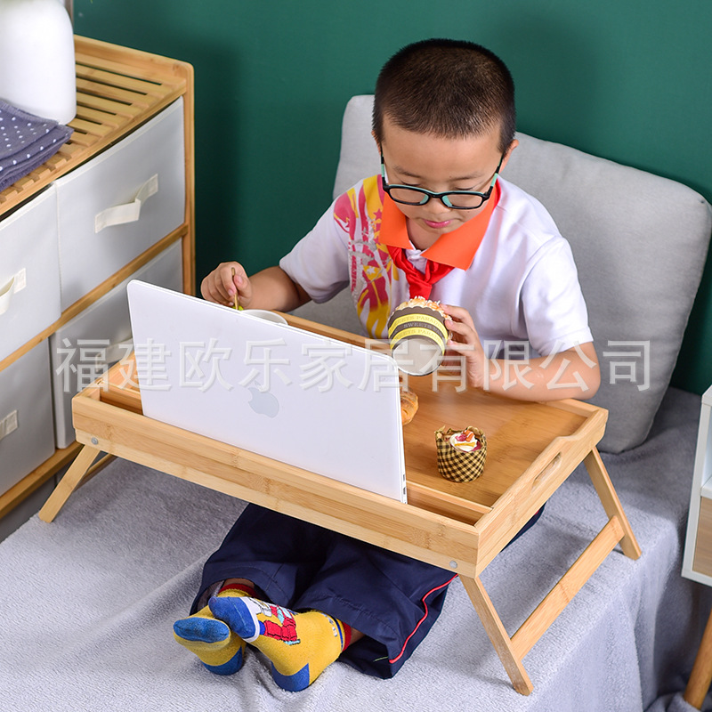 Mesa plegable en la cama al por mayor con soporte de tabla plana mesa de computadora bandeja de madera de bambú con pierna platos de comedor comercio exterior