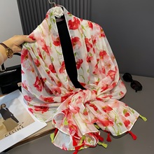 锦瑟红玫瑰棉麻围巾女旅游拍照薄款防晒遮阳披肩海边沙滩巾夏新款