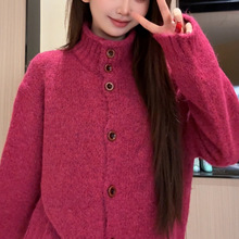 秋冬新款单排扣黄色针织毛衣外套甜美温柔风半高领减龄上衣开衫