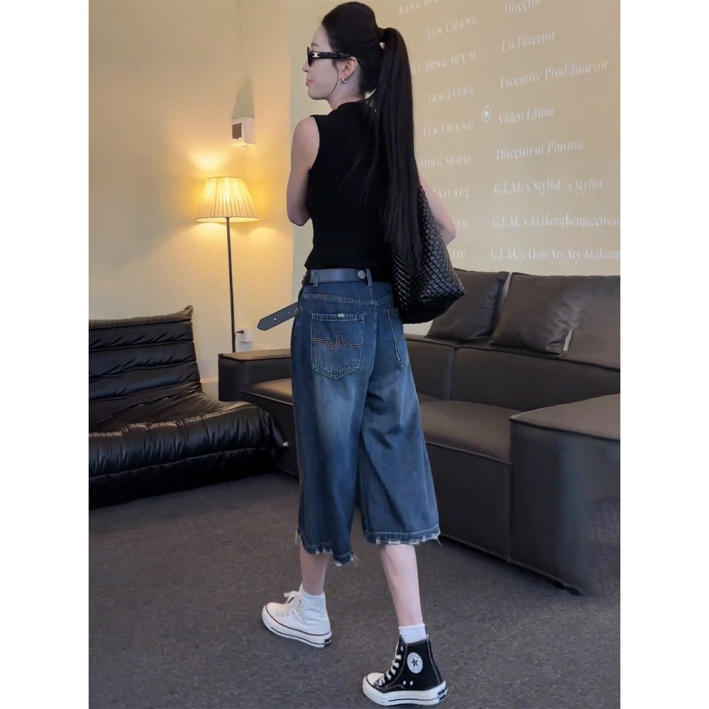 毛边磨破七分阔腿牛仔裤女2025新款韩版宽松显瘦复古八分直筒中裤