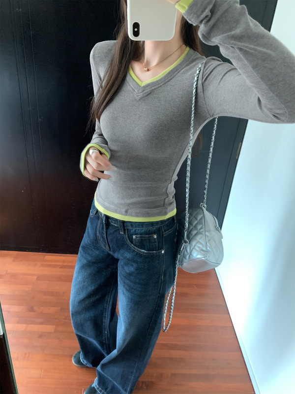 纯欲辣妹拼色假两件T恤女春秋设计感修身显瘦正肩百搭通勤上衣|undefined