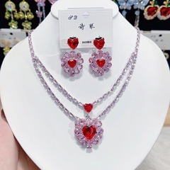 ファッショントレンド豪華高級感ジルコンネックレスイヤリングセットinsS925銀針粉海洋の心ネックレス