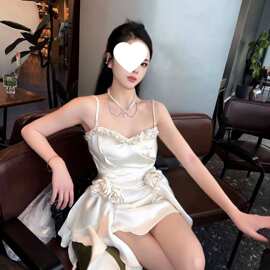 秋季新款法式气质名媛小香风感花朵连衣裙重工钉珠晚会礼裙女