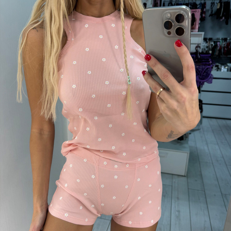 2026 Amazon Spring/Summer Women's Casual Set Printed Round Neck Sleeveless Shorts Two-Piece Pajamas Fashionable and Casual