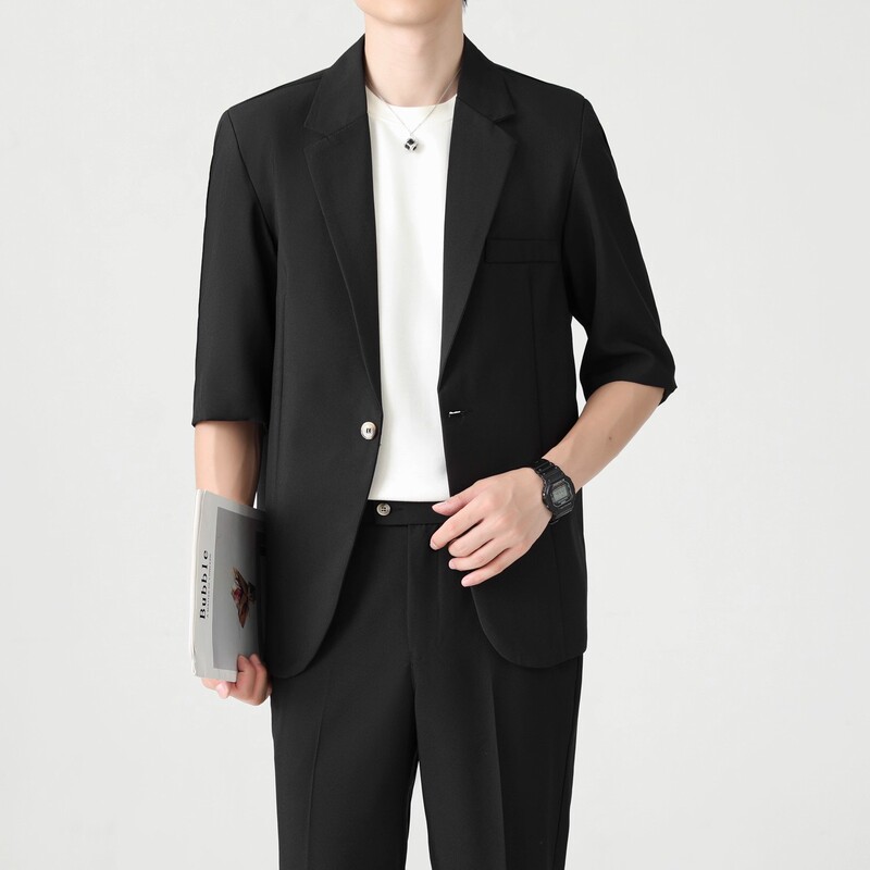 Summer Thin Casual Three-Quarter Sleeve Suit Suit for Men, High-End No-Iron Short-Sleeved Trousers, Men's Suit Two-Piece Suit