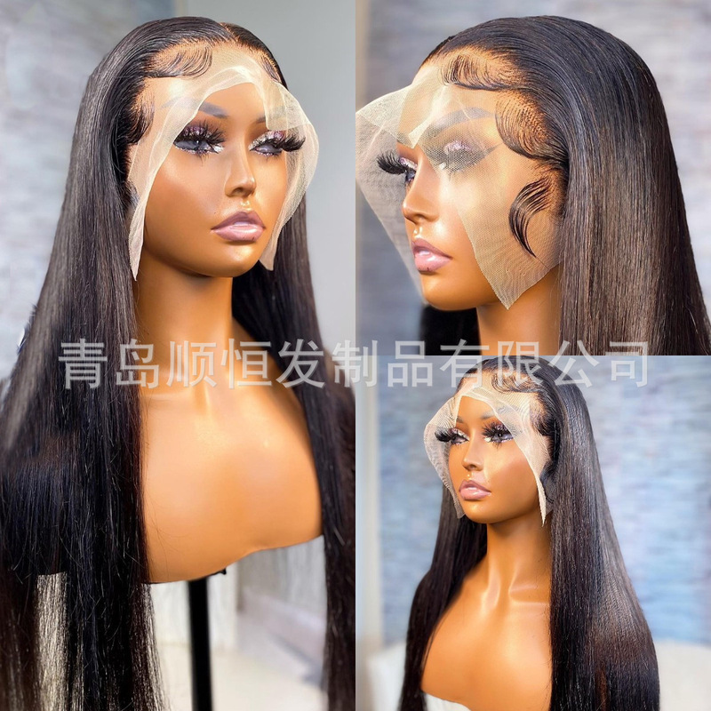 European and American black long straight hair handmade front lace wig high temperature silk headgear full hair Diniwigs cross-border