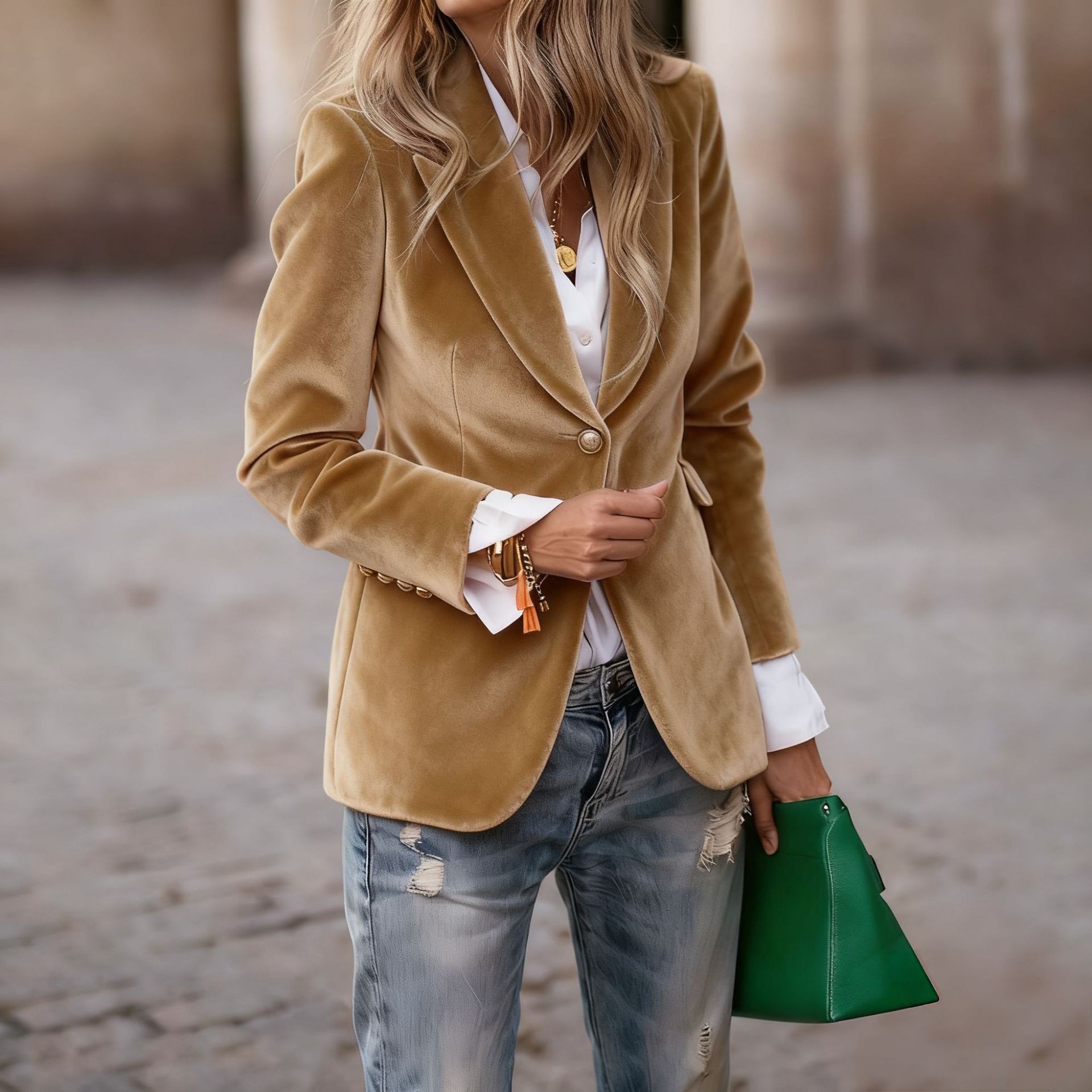 European and American cross-border elegant slim-fit velvet blazer with buttons and faux pockets for spring and autumn, available on Amazon independent site