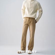 THEBELIEF秋冬轻奢复古珠帆布水洗卡其色老钱风宽松直筒牛仔裤男