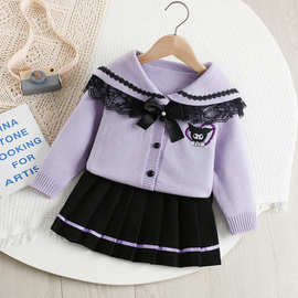 女宝宝套装春秋新款女孩学院风蕾丝制服卡通针织上衣百褶裙两件套