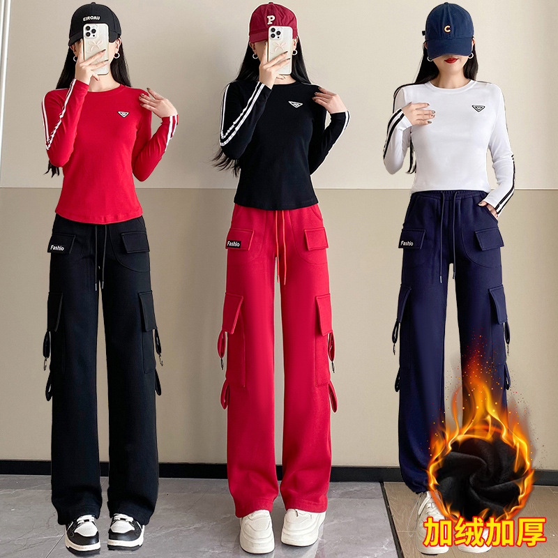 2025 Autumn and Winter Velvet Thickened Cargo Pants Sports Fitness Outdoor Team Aerobics Pants
