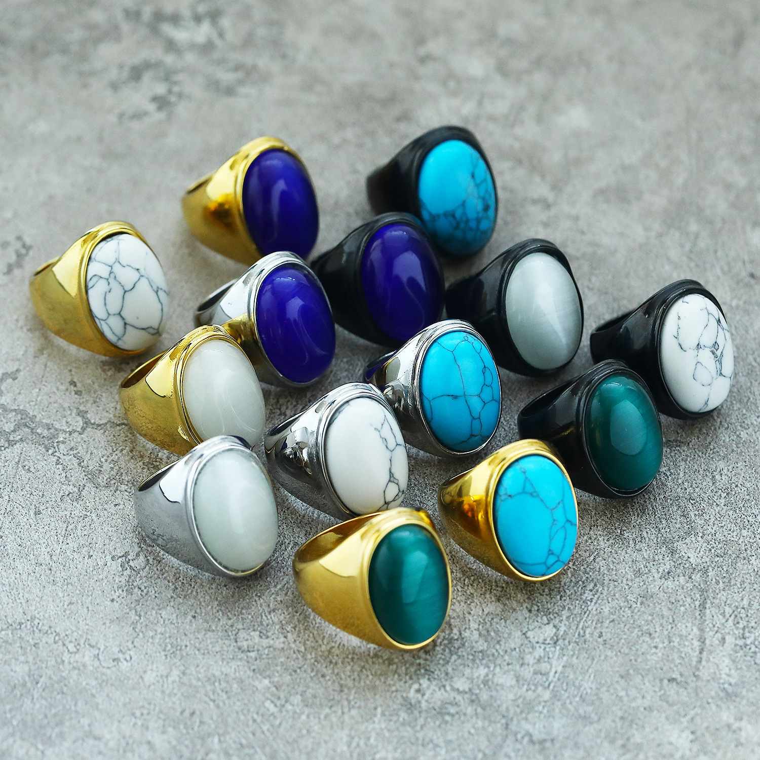 23g Weight Natural Stone Inlay Material Rings Classification 1 Piece Quantity Holiday, Street Occasion Titanium Steel Material Round Pattern Men's Gender Inlay Design Hip-Hop Style Hip-Hop Round Titanium Steel Inlay Natural Stone Men's Rings 1