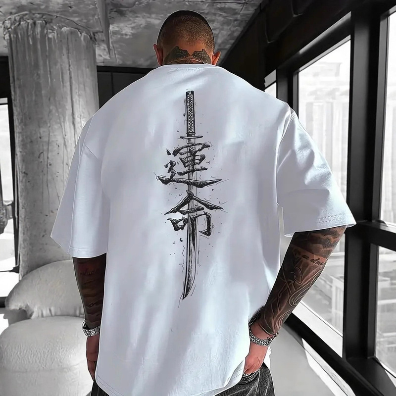 Pure Cotton Men's Short-Sleeved T-Shirt with Japanese Samurai Sword Pattern Printed on It, Regular Style, Fashionable Top