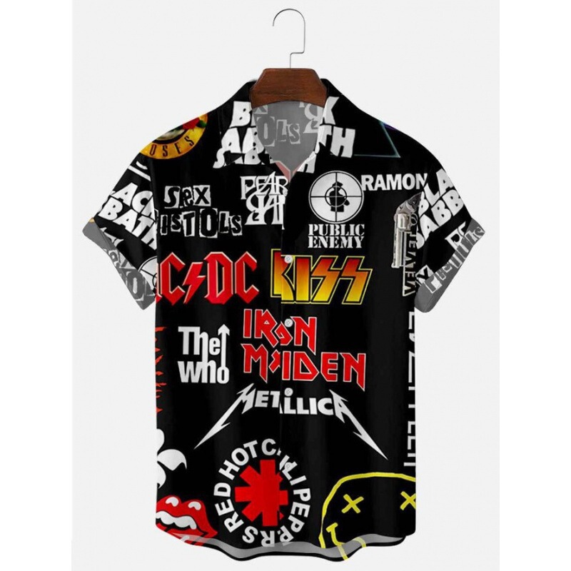 Cross-Border Summer Short-Sleeved Men's Hawaiian Kiss Band Printed Shirt Rock Retro American Style Printed Shirt Cross-Border Summer Short-Sleeved Men's Hawaiian Kiss Band Printed Shirt Rock Retro American Style Printed Shirt