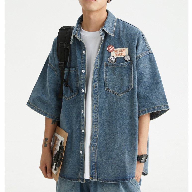 Men's Denim Shirt Summer Short-Sleeved Trendy Brand Handsome Loose Lazy Style Couple Half-Sleeved Jacket American Retro Men's Denim Shirt Summer Short-Sleeved Trendy Brand Handsome Loose Lazy Style Couple Half-Sleeved Jacket American Retro