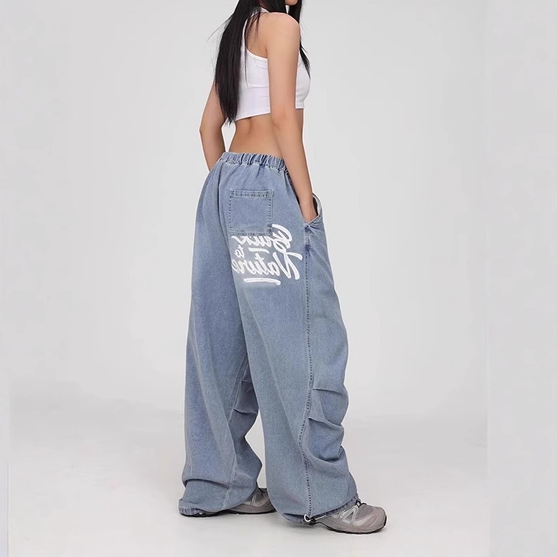 Chinese Style Letter Print Scimitar Jeans for Women 2025 Spring New American High Street Wide Leg Loose Straight Pants