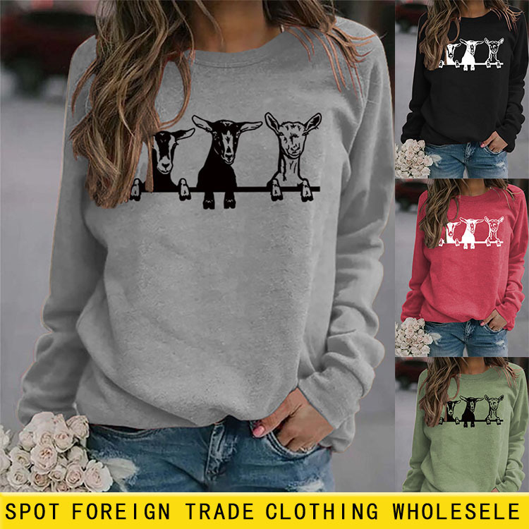 Amazon wish Cross-border Autumn and Winter Women's Top Foreign Trade Europe and America Cute Alpaca Printed Casual Round Neck Sweater Shirt