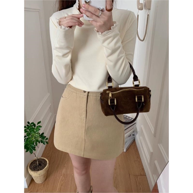 MM24 [Official Images] Lace-trimmed turtleneck long-sleeved T-shirt, women's winter base layer top.