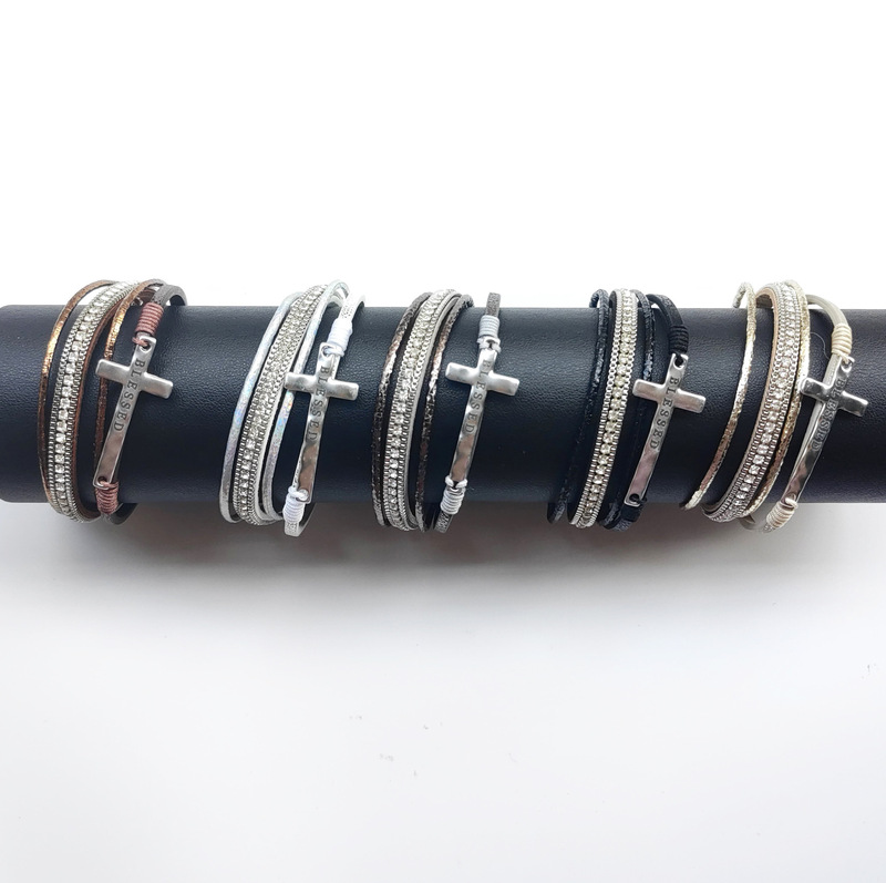 Cross-Border Hot-Selling Cross Bracelet with Diamonds, Multi-Layer Leather Bracelet, Bohemian Style Bracelet Jewelry Wholesale for Women Cross-Border Hot-Selling Cross Bracelet with Diamonds, Multi-Layer Leather Bracelet, Bohemian Style Bracelet Jewelry Wholesale for Women
