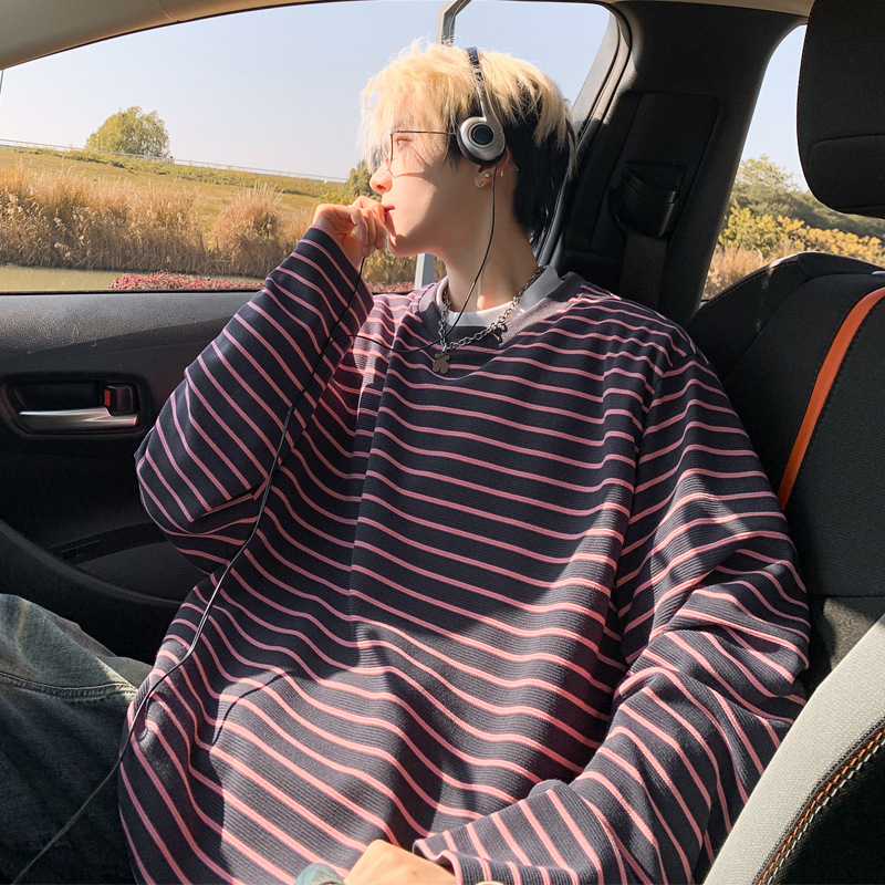 Vintage Casual Blue Brown Striped Long-sleeve T-shirt, Trendy American Style Couple's Top For Spring And Autumn Layering_voghion.com