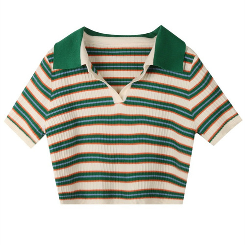 Retro Striped Knit Shirt, Slim Fit Summer, Unique Design Short-Sleeve Women's Short Polo Neck T-Shirt Top