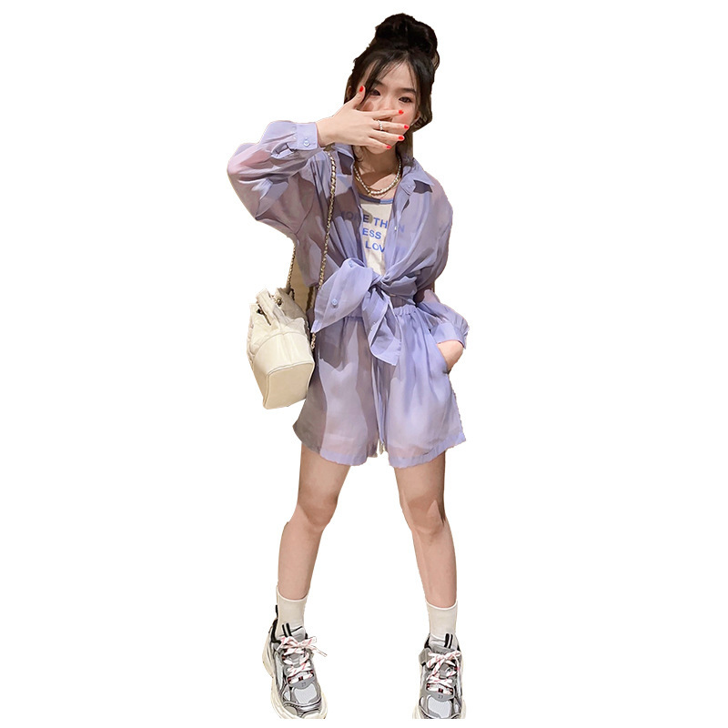 소녀 선 스크린 세트 여름 텐셀 선 스크린 긴 소매 셔츠 세트 유행 서양식 어린이 한국 스타일