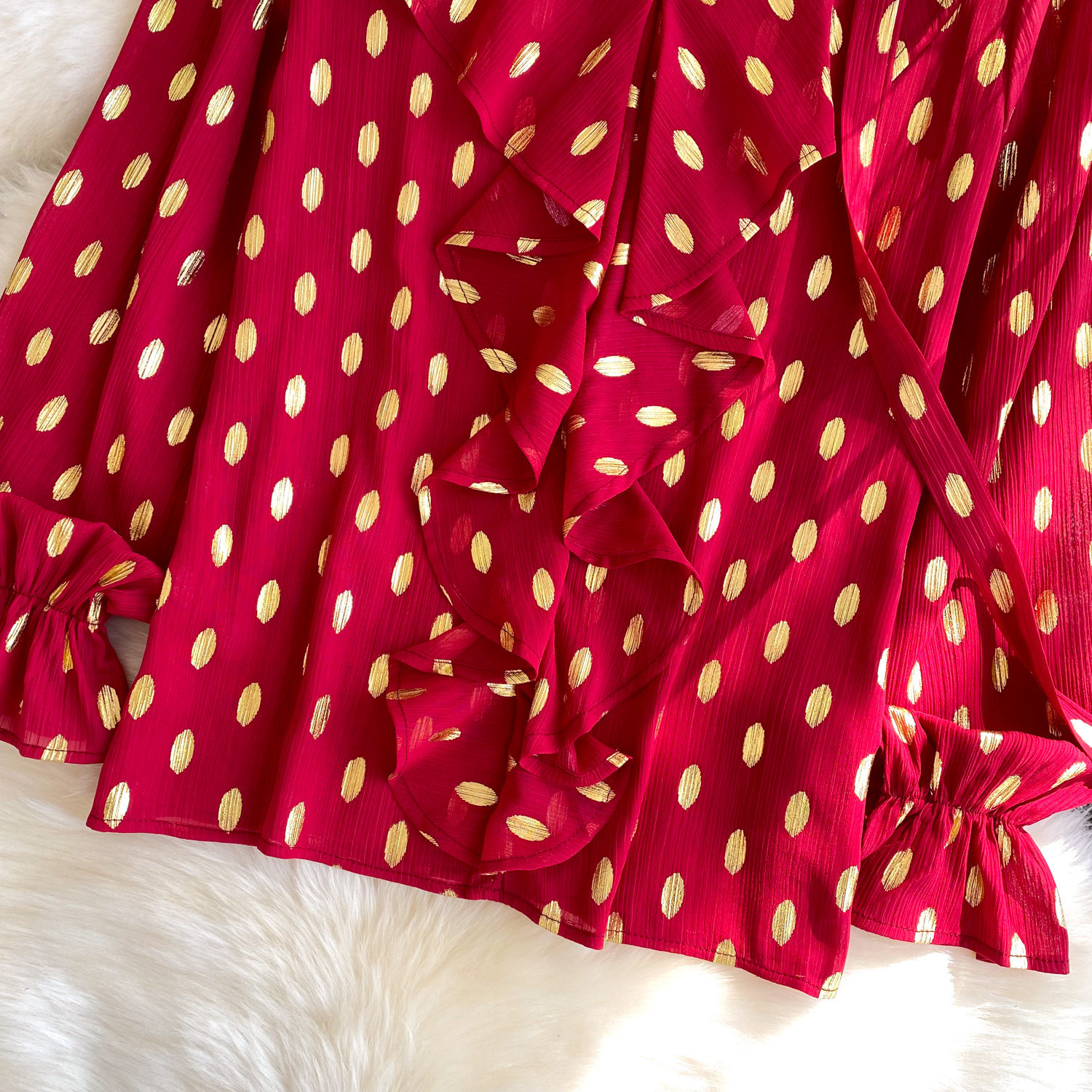 Camicia a pois stile francese con volant e fiocco manica lunga_voghion.com