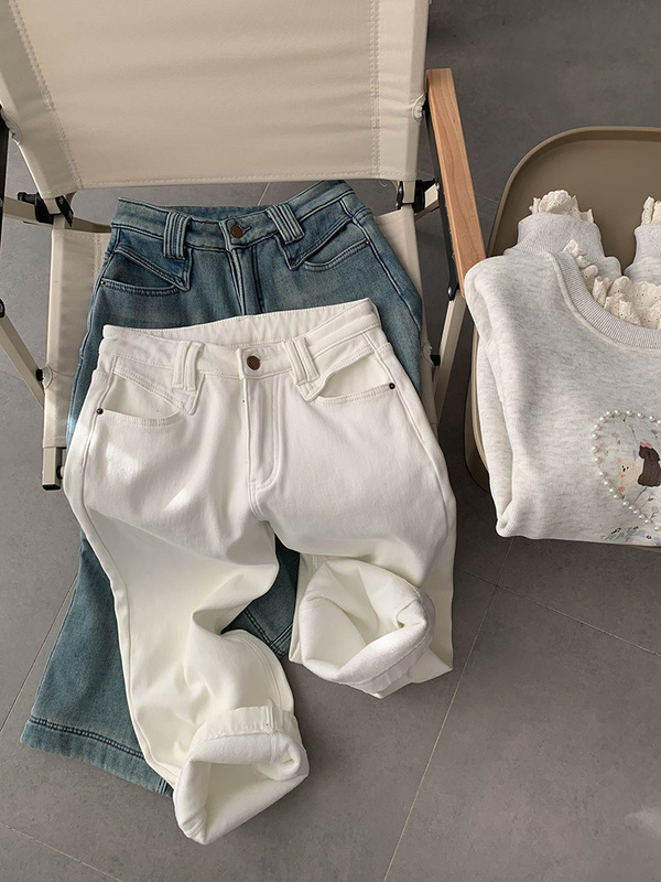 Omalai 裏起毛厚手ハイウエストスリムジーンズ女性用冬ストレートルーズ小柄9点パンツ1771|undefined