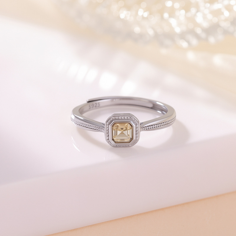 Nhẫn bạc S925 mạ vàng đính đá cubic zirconia hình vuông phong cách thời trang — Loại bạc
