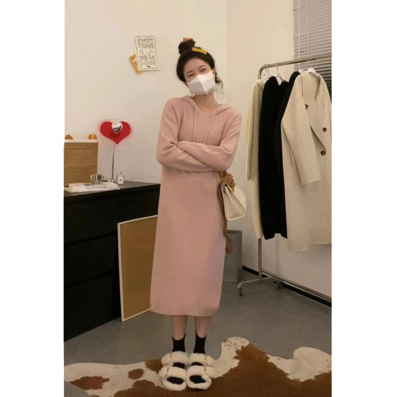 Paper Hooded Knitted dress Slimming Autumn and Winter Long Loose Cream Inner Sweater Dress