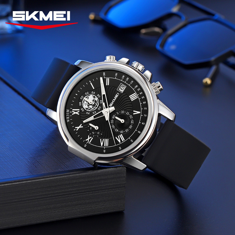 Momento de belleza para hombres tres ojos seis agujas reloj de cuarzo multifuncional silicona correa impermeable luz nocturna relojes de pulsera de ocio transfronterizos al por mayor