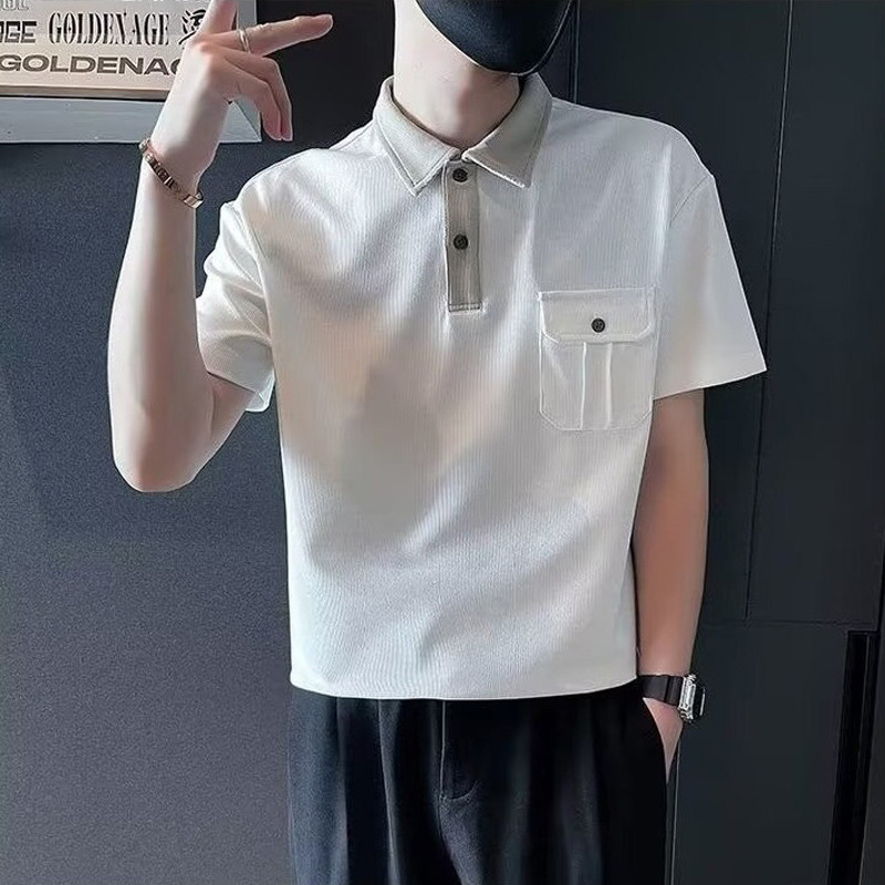 时尚原宿潮流撞色拼接翻领Polo衫短袖男士T恤文艺2026新款上衣男