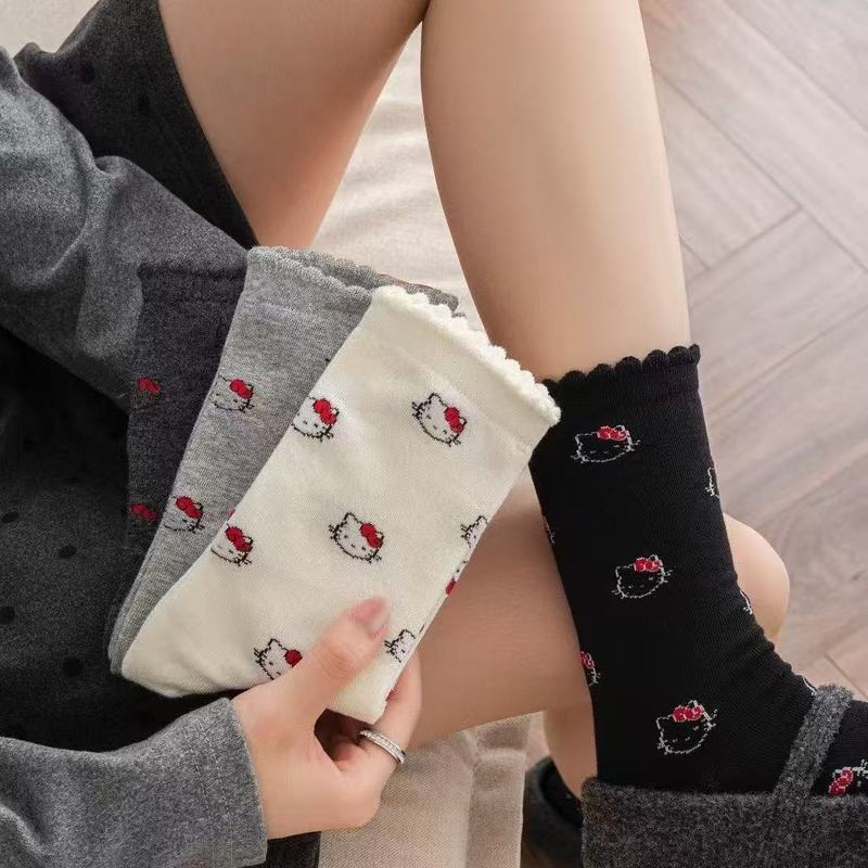 可爱卡通满身kitty袜子秋冬百搭中筒早秋学院风少女花边堆堆长袜|undefined
