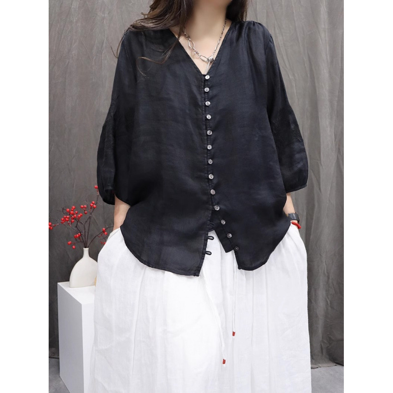2025 Summer Retro Ramie Heavy Embroidery Versatile Small Cardigan Lightweight Breathable Fully Hemmed Loose Casual Top