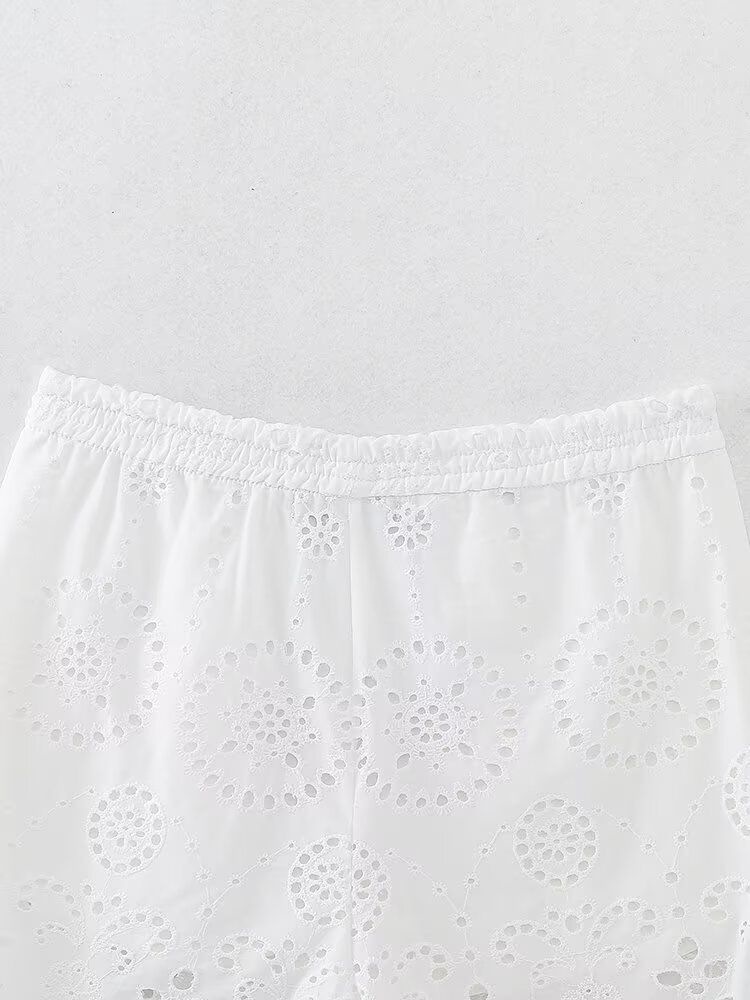 ZARW Self-made Casual Loose Hollow Embroidered Solid Color Top Shorts Set, European And American Style Summer New_ecoleips.com